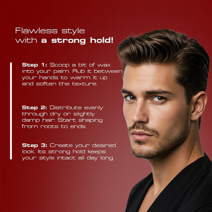 Red One Spider Hair Wax Passionate 100ml styling guide showing how to apply hair wax for maximum hold and texture. Warm a small amount between your hands, distribute evenly through hair, and style for long-lasting control and definition.