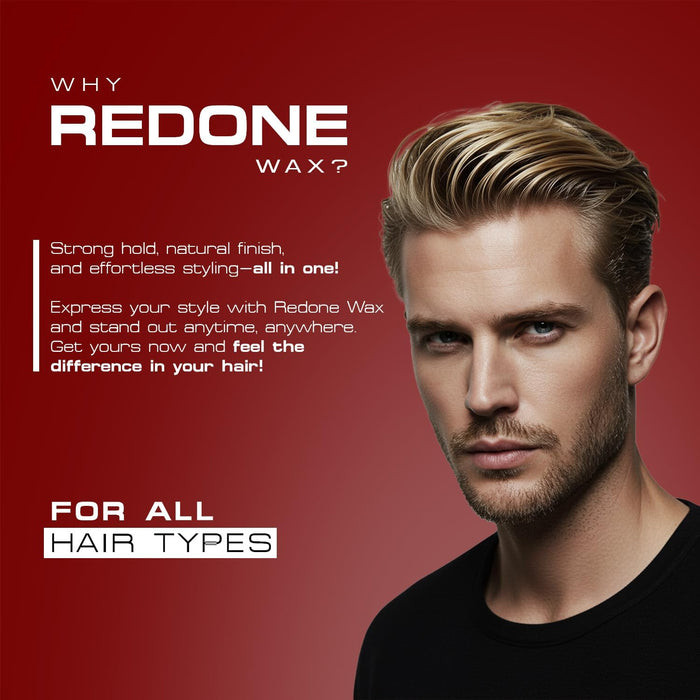 Promotional graphic for Red One Spider Hair Wax Passionate 100ml highlighting strong hold, natural finish, and effortless styling. Features a male model with a modern hairstyle and confirms suitability for all hair types and everyday professional styling.