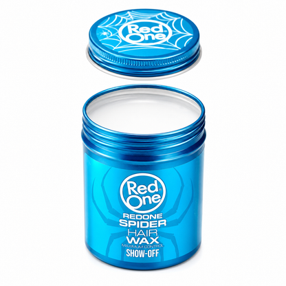 Open jar of Red One Spider Hair Wax Show-Off 100ml with the lid removed, revealing the styling wax. Maximum control hair wax delivers a strong hold, flexible styling, and long-lasting definition for all hair types.