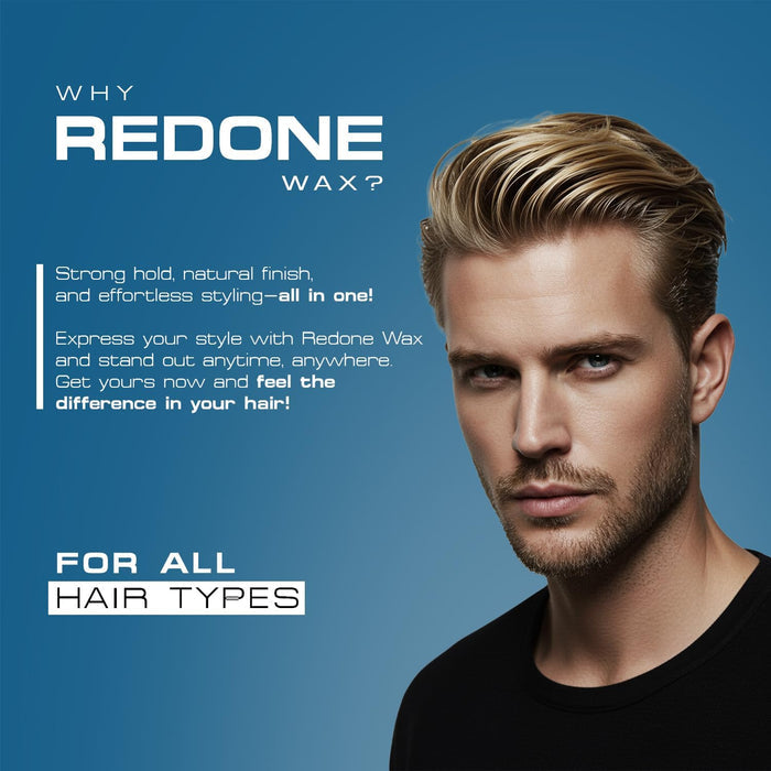 Red One Spider Hair Wax Show-Off 100ml promotional graphic highlighting strong hold, natural finish, and effortless styling. Features a male model with a modern hairstyle and confirms suitability for all hair types.