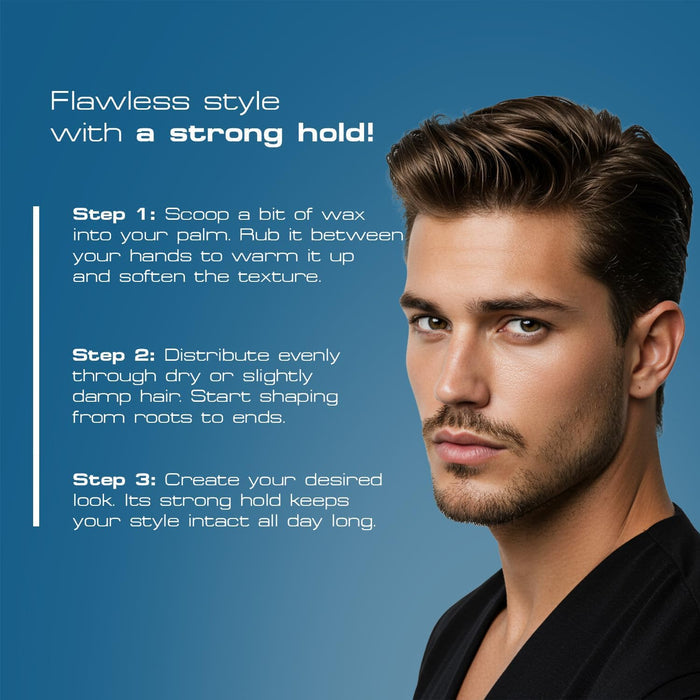 Instructional graphic for Red One Spider Hair Wax Show-Off 100ml showing how to achieve long-lasting hairstyles. Apply a small amount, warm between palms, distribute evenly through hair, and style for maximum control and strong hold.