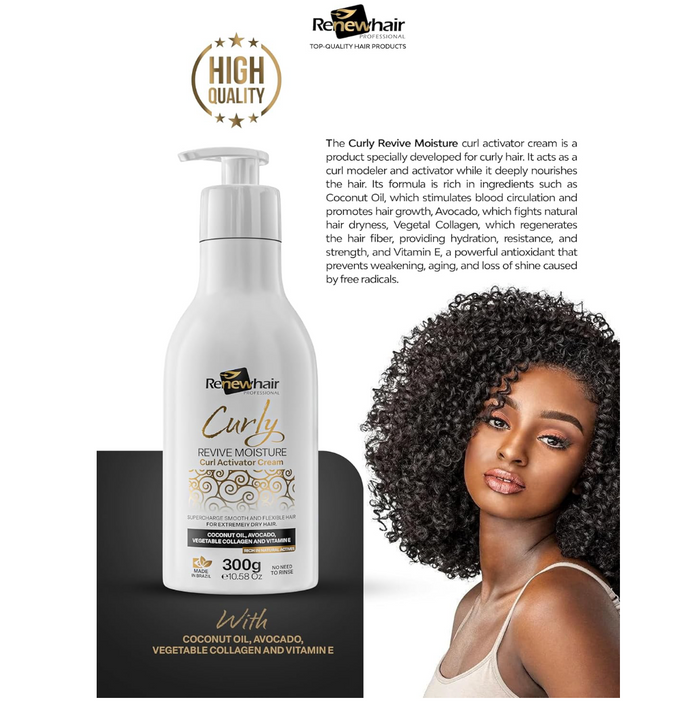 Renew Hair Curly Revive Moisture Curl Activator Cream 300g with coconut oil, avocado, vegetable collagen and vitamin E for defined, hydrated curls