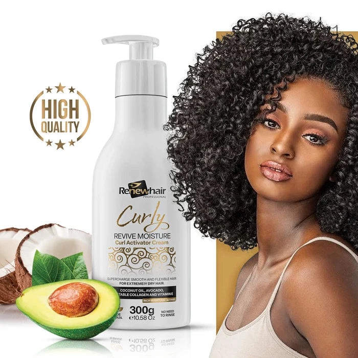 Renew Hair Curly Revive Moisture Curl Activator Cream 300g with nourishing coconut oil and avocado for moisturised, defined and frizz-controlled curly hair