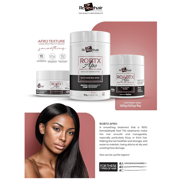 Renew Hair ROBTX Afro Hair Texture Release Brazilian Thermo Active Mask available in 300g, 500g and 1kg for smoothing and managing Afro textured hair