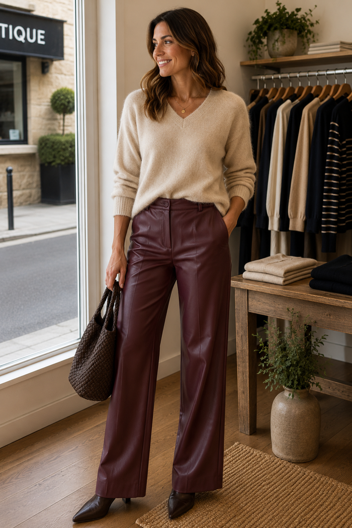Model wearing Robell Britt Trousers 80cm Prune 51618 60042 49. Shop Robell at Dotique