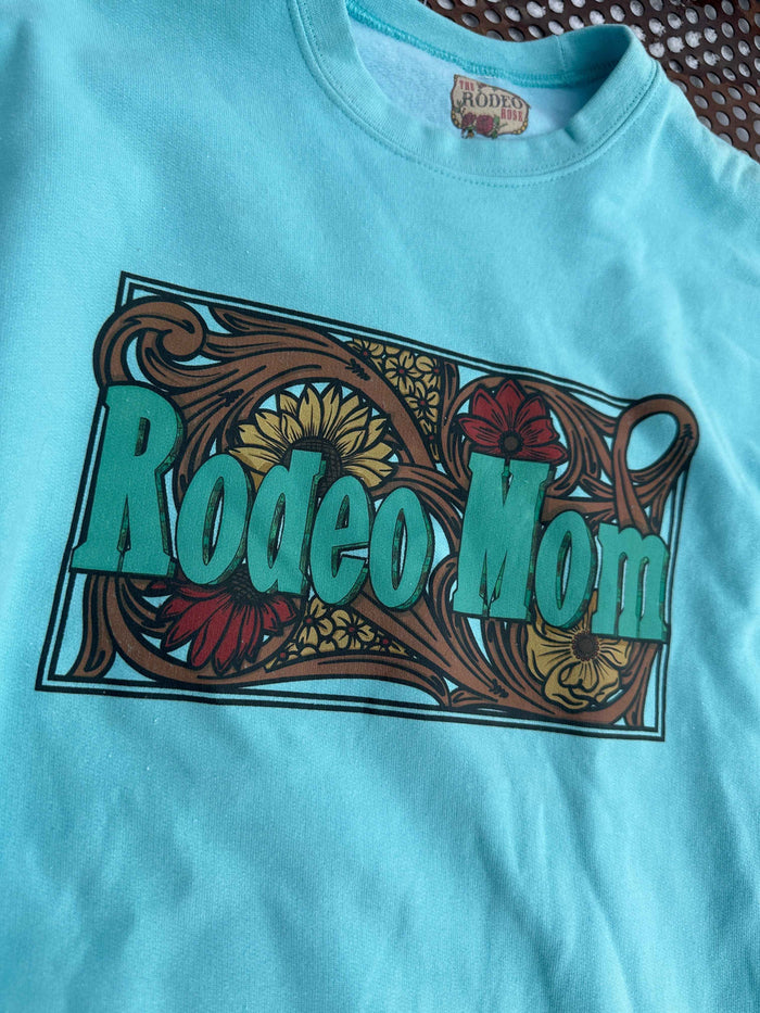 Rodeo Mom crewneck sweatshirt in bright turquoise