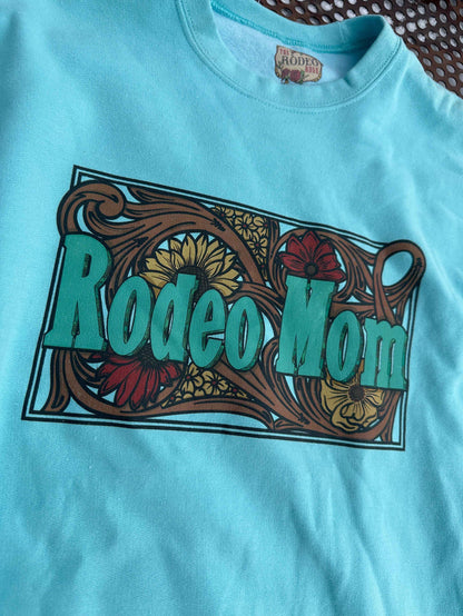 Rodeo Mom crewneck sweatshirt in bright turquoise