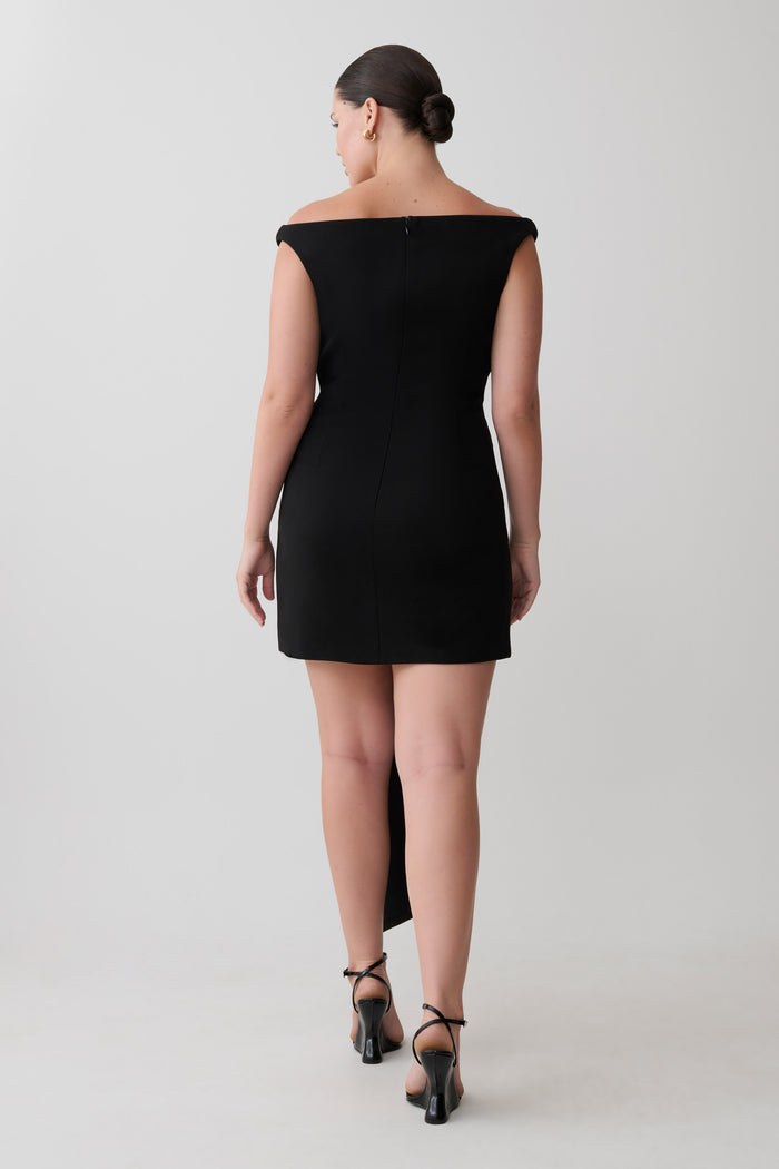 Runa Off Shoulder Mini Dress With Waist Tie - Black