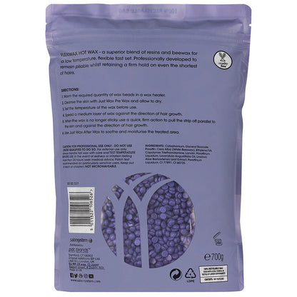 Back of Salon System Just Wax Flexiwax Stripless Hot Wax Lavender & Aloe 700g pouch with directions, ingredients and product information