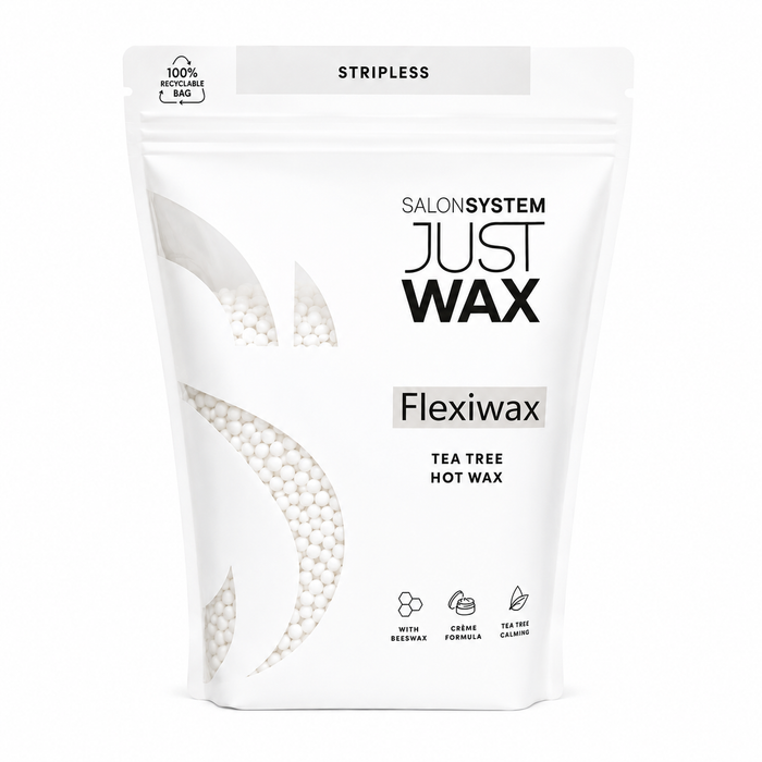 Salon System Just Wax Flexiwax Tea Tree Hot Wax 700g stripless waxing beads with beeswax and calming tea tree formula for professional hair removal