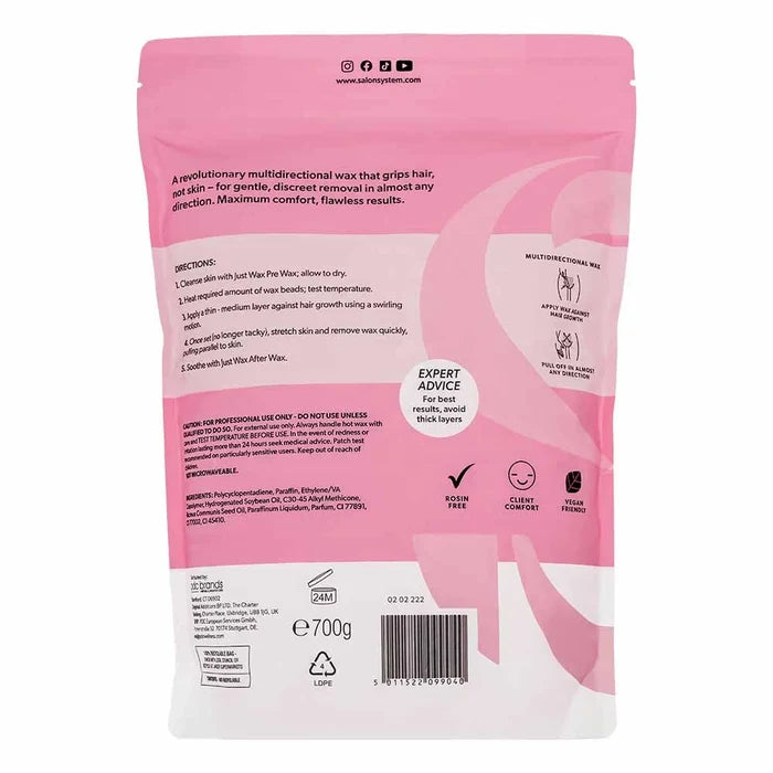 Back of Salon System Just Wax Multiflex Berrylicious Hot Wax 700g pouch with directions, ingredients and professional product information