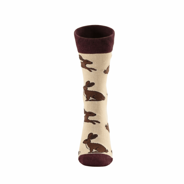 Beige socks with brown hare illustrations