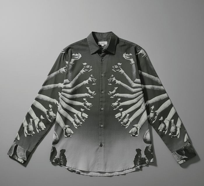 SB Sahasrabahu shirt for men in black, flat front view, Hevajra arms artwork fading to grey at the hem