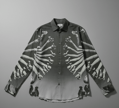 SB Sahasrabahu shirt for men in black, flat front view, Hevajra arms artwork fading to grey at the hem