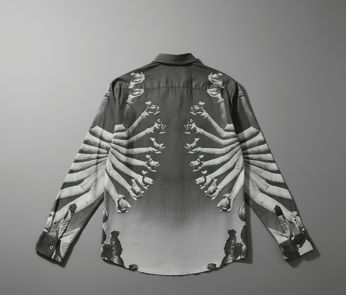 SB Sahasrabahu shirt for men in black, flat back view with Hevajra arms artwork on the shoulders