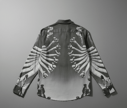 SB Sahasrabahu shirt for men in black, flat back view with Hevajra arms artwork on the shoulders