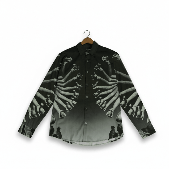 SB Sahasrabahu shirt for men in black, front view on a hanger against a white background