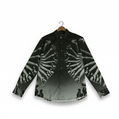 SB Sahasrabahu shirt for men in black, front view on a hanger against a white background