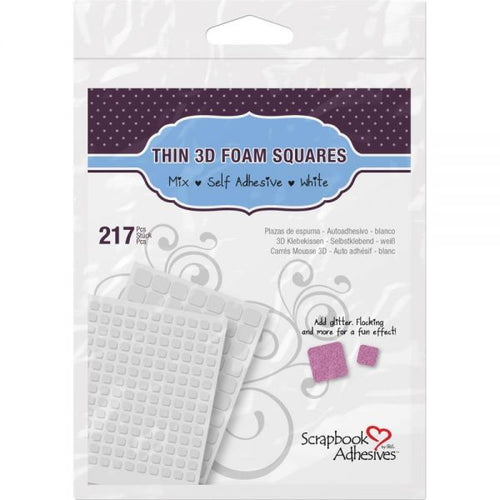 3L-Scrapbook Adhesives: Thin 3D Foam Squares. These self-adhesive foam squares are designed to give a touch of dimension to your paper crafting projects. Use them to attach any element that you want to raise up and emphasize. Available at Embellish Away located in Bowmanville Ontario Canada.