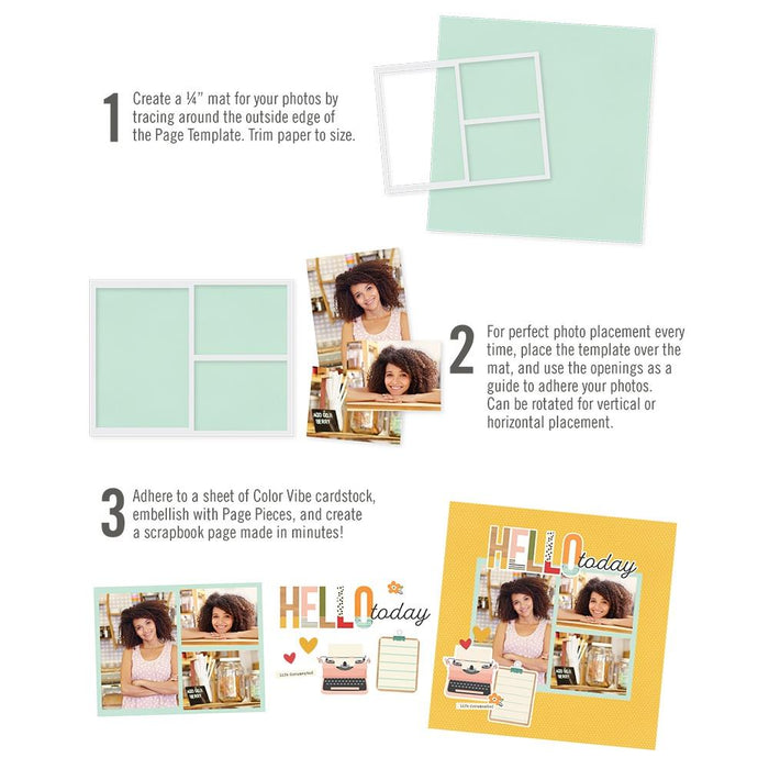 Simple Stories - Simple Pages Page Template - Design 2. Includes (1) 2-3"X4" & 1-4"X6". Simple Pages Page Templates will be your new go-to tool for quick and easy scrapbooking. This reusable plastic template helps you design a layout in minutes. Available at Embellish Away located in Bowmanville Ontario Canada.