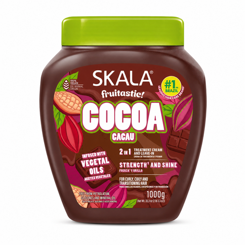 Skala Fruitastic Cocoa Hair Treatment Cream 1KG in a brown tub with a green lid, displayed on a clean white background. Vegan 2-in-1 treatment cream and leave-in infused with cocoa and vegetable oils to strengthen curly, coily and transitioning hair while promoting softness and shine.