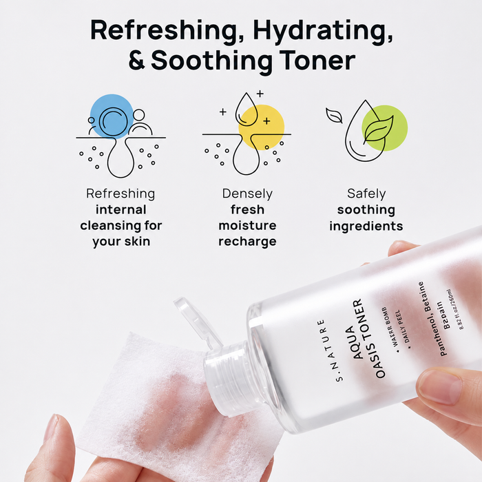 s.nature aqua oasis toner being dispensed onto a cotton pad, highlighting refreshing hydration, moisture recharge, and soothing ingredients on a clean white background.