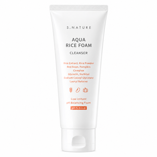 white s.nature aqua rice foam cleanser tube on a clean white background with minimalist packaging and a low-irritant ph balancing formula.