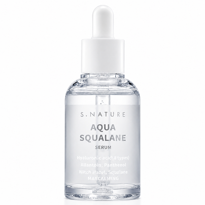 clear glass s.nature aqua squalane serum bottle with a white dropper cap on a clean white background, featuring minimalist packaging and transparent serum.