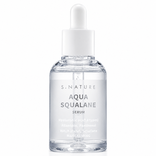 clear glass s.nature aqua squalane serum bottle with a white dropper cap on a clean white background, featuring minimalist packaging and transparent serum.
