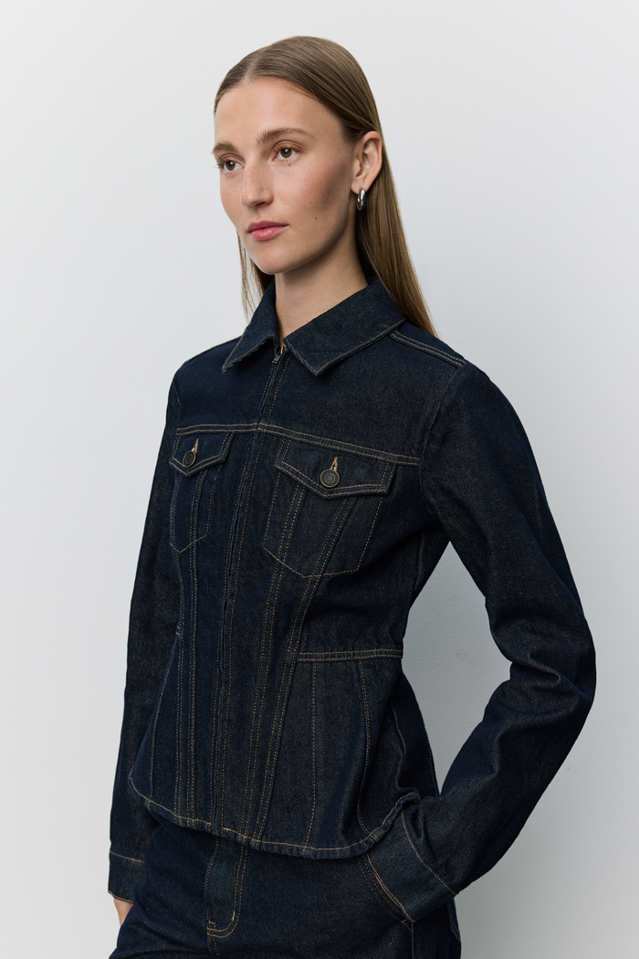 Sofie Schnoor Savakisw Slim Fit Raw Denim Jacket S263270 worn by model Shop Sofie Schnoor at Dotique