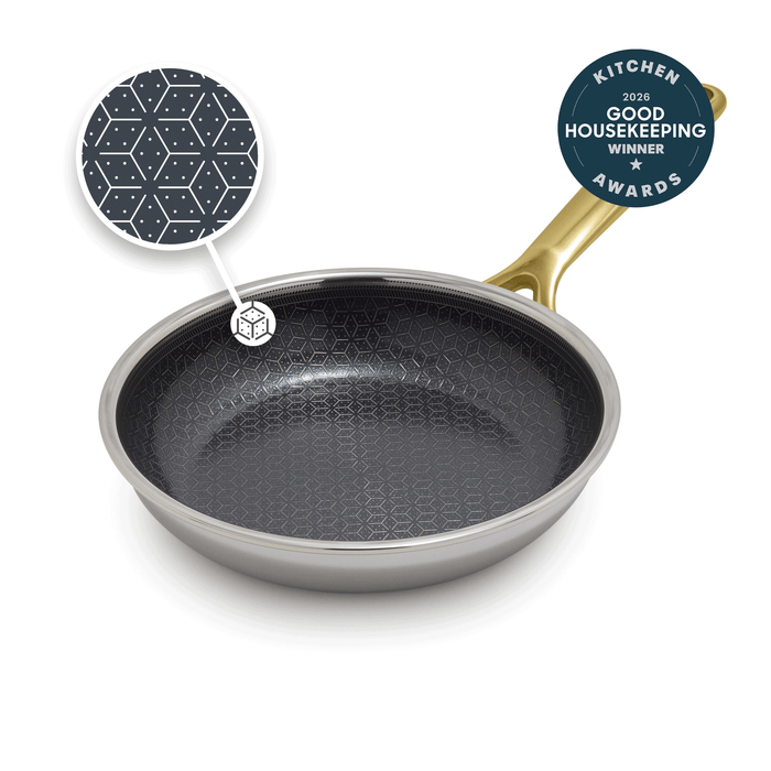 Gold 8-inch ceramic nonstick frypan with hex pattern and matching gold handle, Good Housekeeping 2024 badge visible.