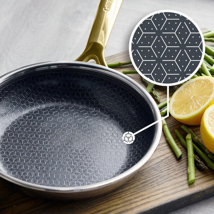 Gold ceramic nonstick frypan with hexagon pattern, shown close-up with asparagus spears and lemon slices inside.