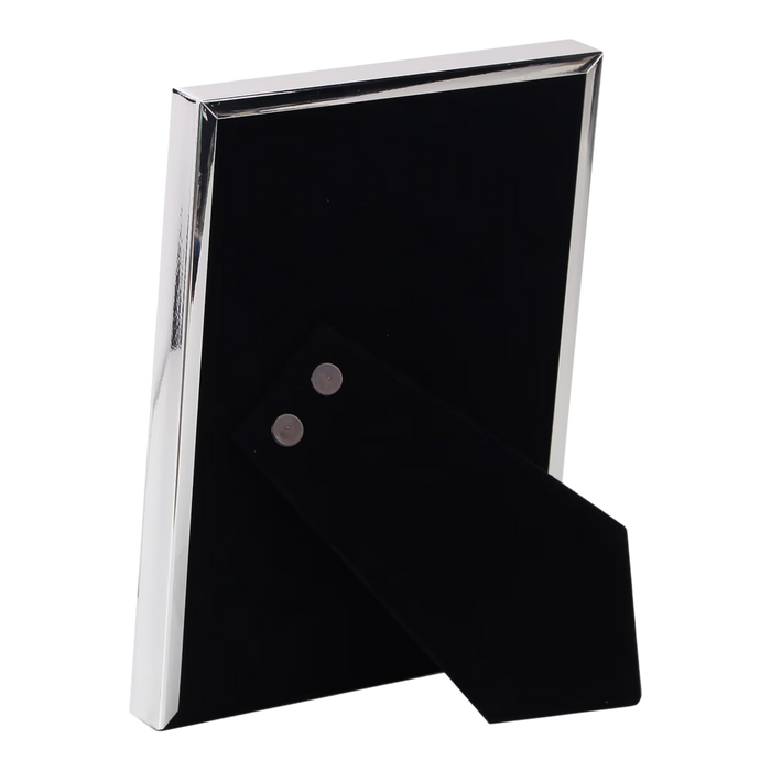 Square Frame with polished silver-plated border, black velvet backing and fold-out stand, shown from the back.