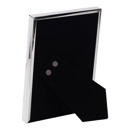 Square Frame with polished silver-plated border, black velvet backing and fold-out stand, shown from the back.