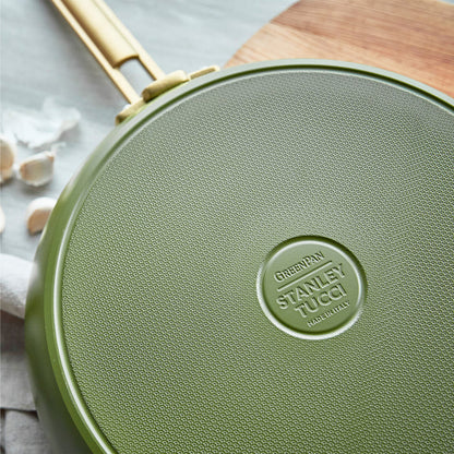 Ceramic nonstick frypan in Tuscan olive with lid, 12-inch size, resting on a table.