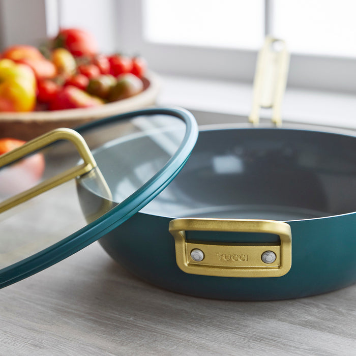 Teal ceramic nonstick 4.5-quart pan with glass lid.