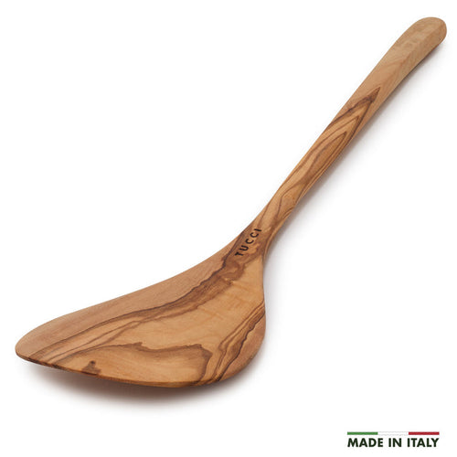 Wooden spoon with 'Tucci' branding on a white background