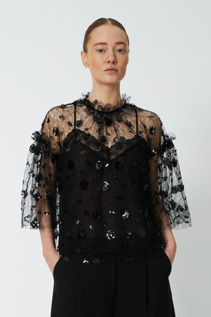 Model wearing Stella Nova Sequins Mesh Blouse by Stella Nova Shop Stella Nova at Dotique