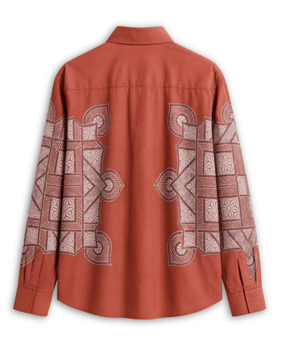 Terra Rangoli shirt for men in red Giza cotton, back flat view, with cream rangoli motifs on the back and sleeves