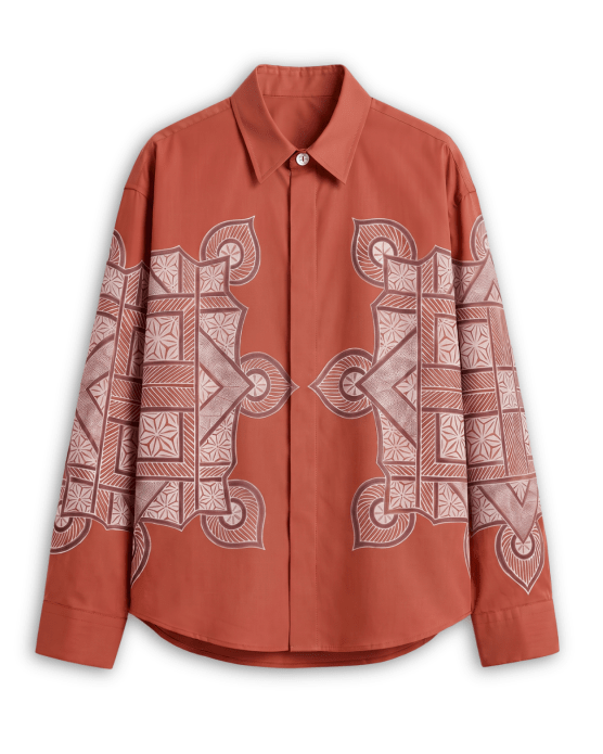 Terra Rangoli shirt for men in red Giza cotton, front flat view, with cream rangoli motifs on the chest and sleeves