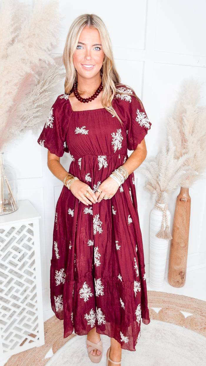 The Cascade Charm Midi Dress-Wine