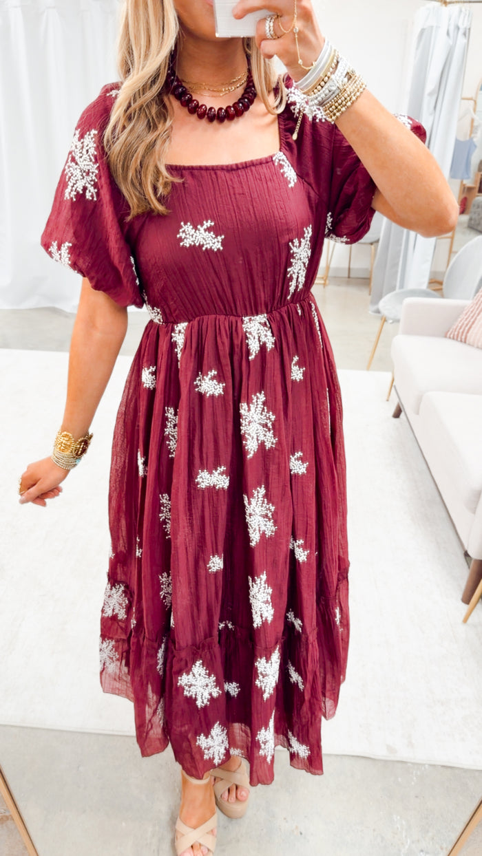 The Cascade Charm Midi Dress-Wine
