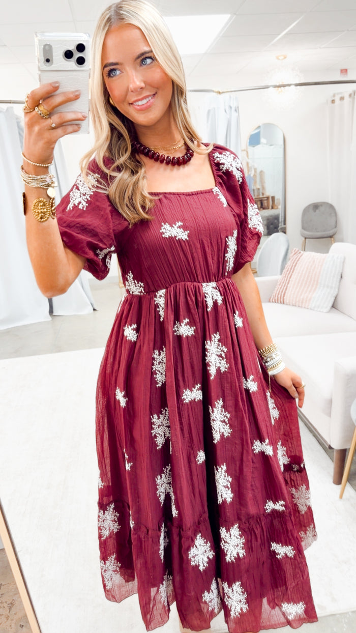 The Cascade Charm Midi Dress-Wine