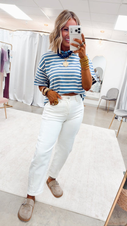 The Kinley Stripe Tee-Dusty Blue