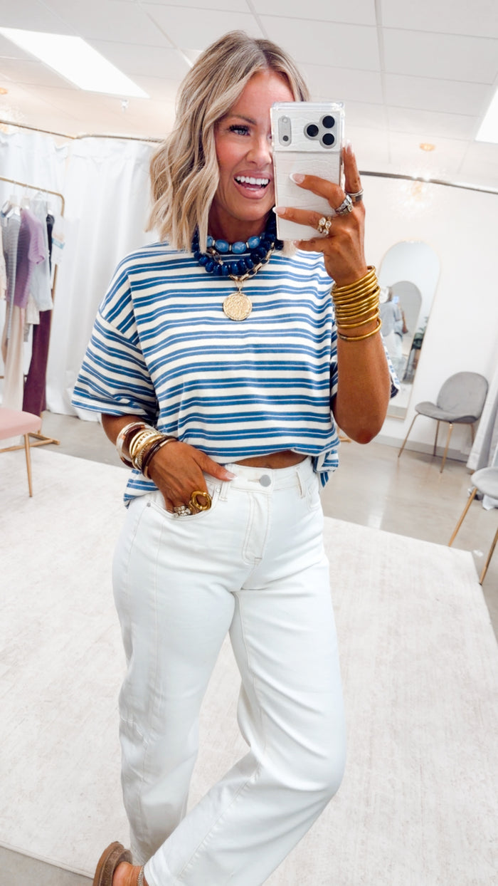The Kinley Stripe Tee-Dusty Blue
