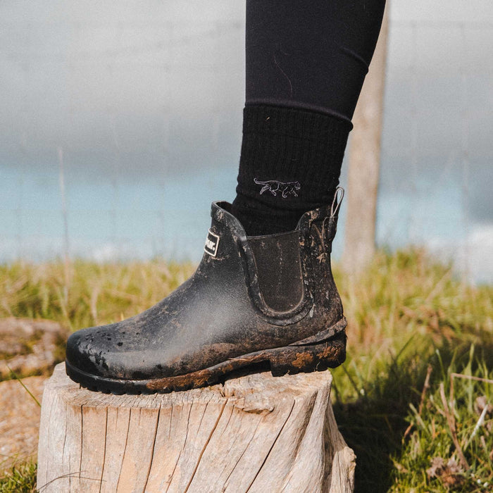 Model wearing black panther ribbed socks