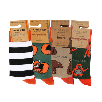 Set of four pairs of socks with animal-themed designs and 'Bare Kind' packaging.