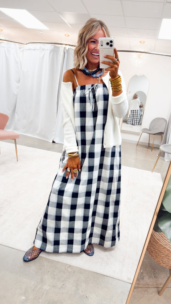 The Plaid Darling Dress-Navy
