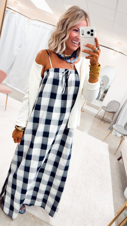 The Plaid Darling Dress-Navy