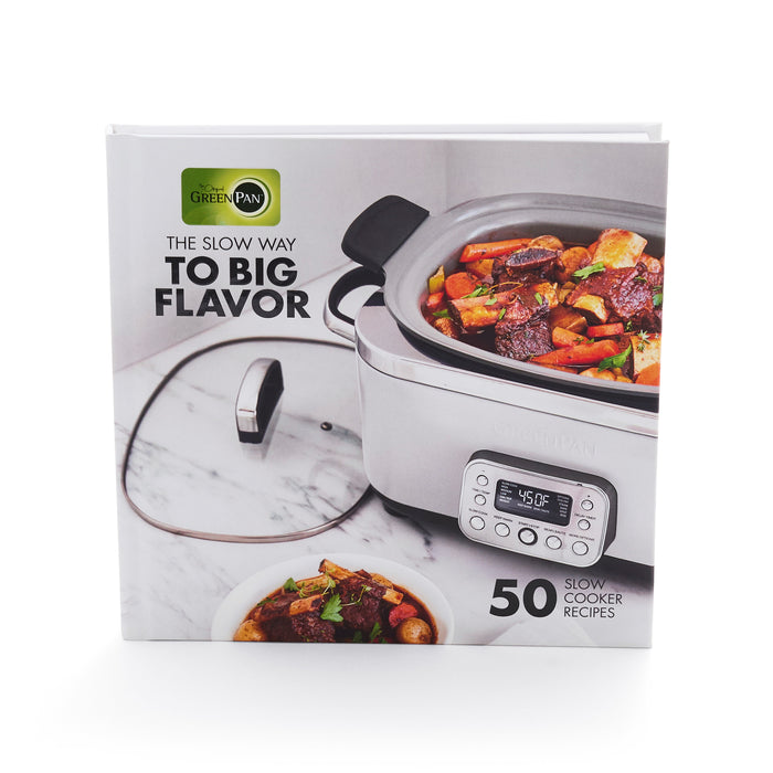 Front cover of The Slow Way to Big Flavor Slow Cooker Cookbook, Vol. 2, showing a slow cooker and a bowl of stew, with 50 recipes ideal for meal prep.